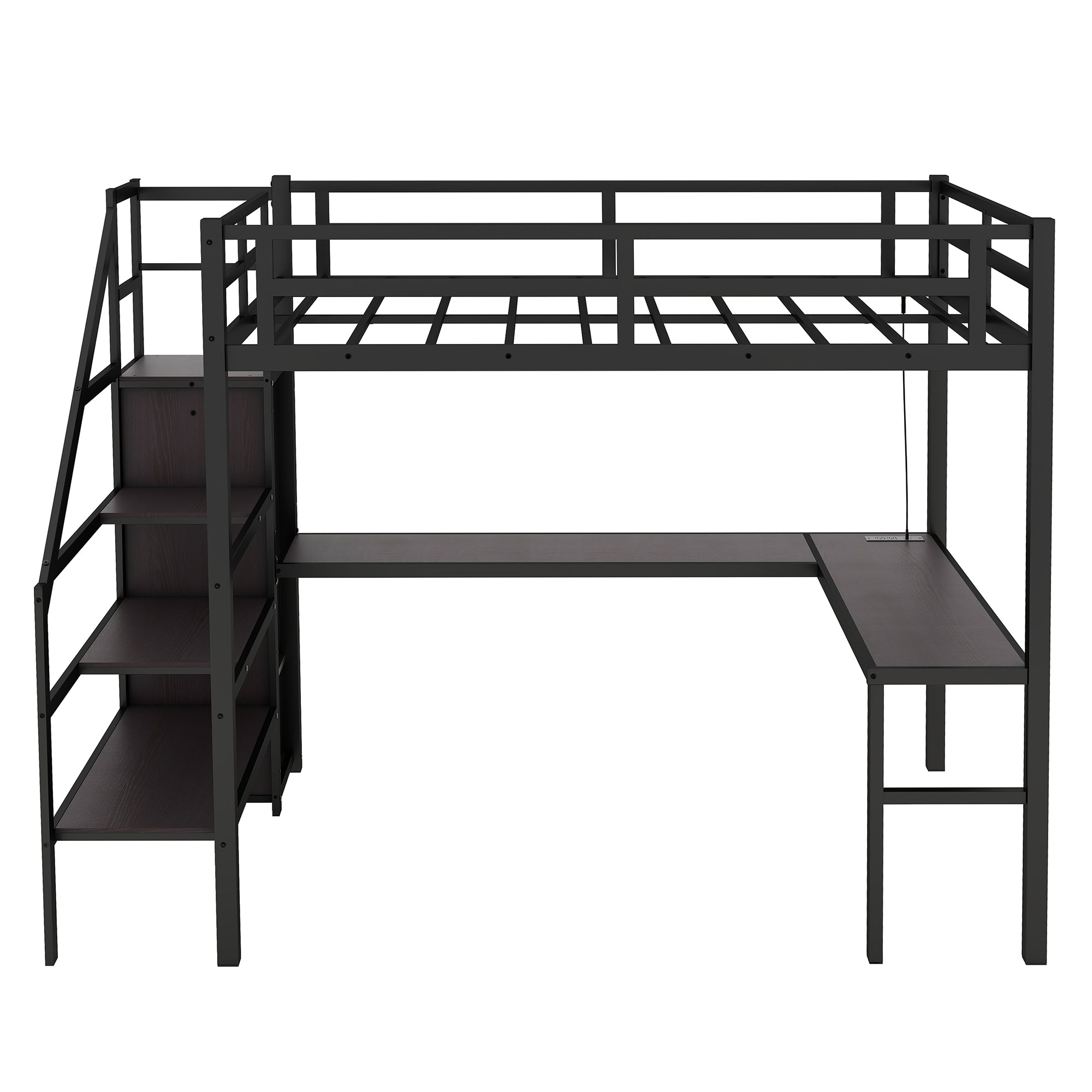 Ailinor black loft bed showing a straight front view with desk wardrobe and stairs