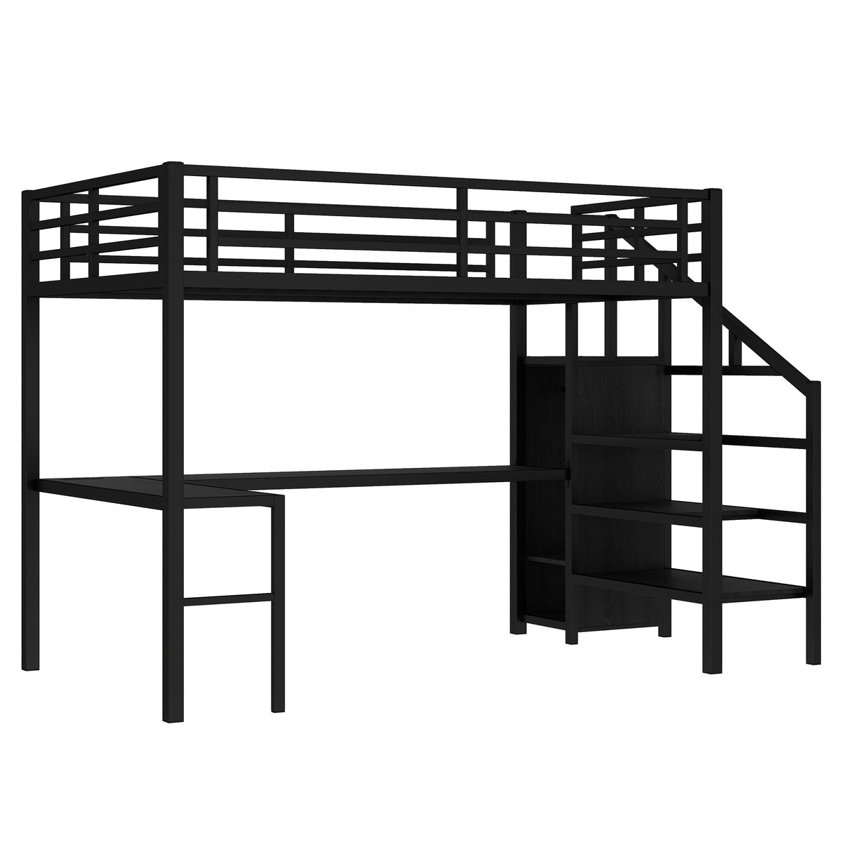 Ailinor black full size metal loft bed front angled view on white background