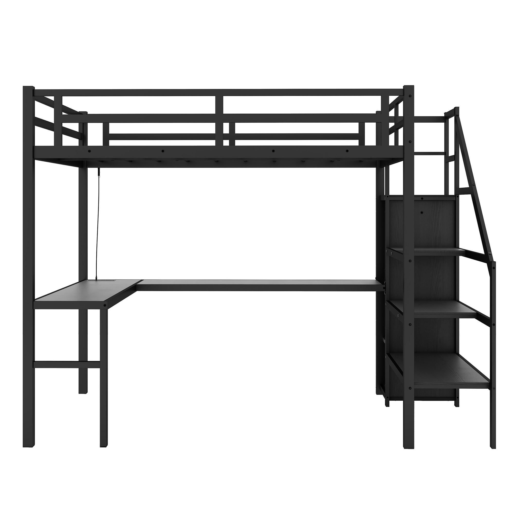 Ailinor black loft bed showing a straight front view with desk wardrobe and stairs
