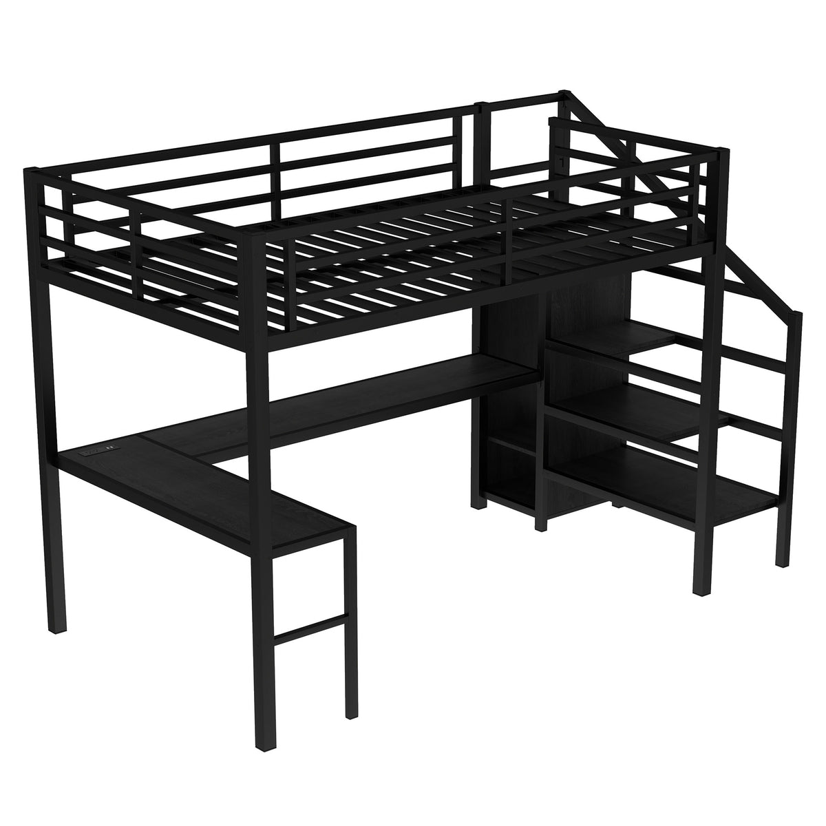 Ailinor black full size metal loft bed side view with wardrobe panel on white background