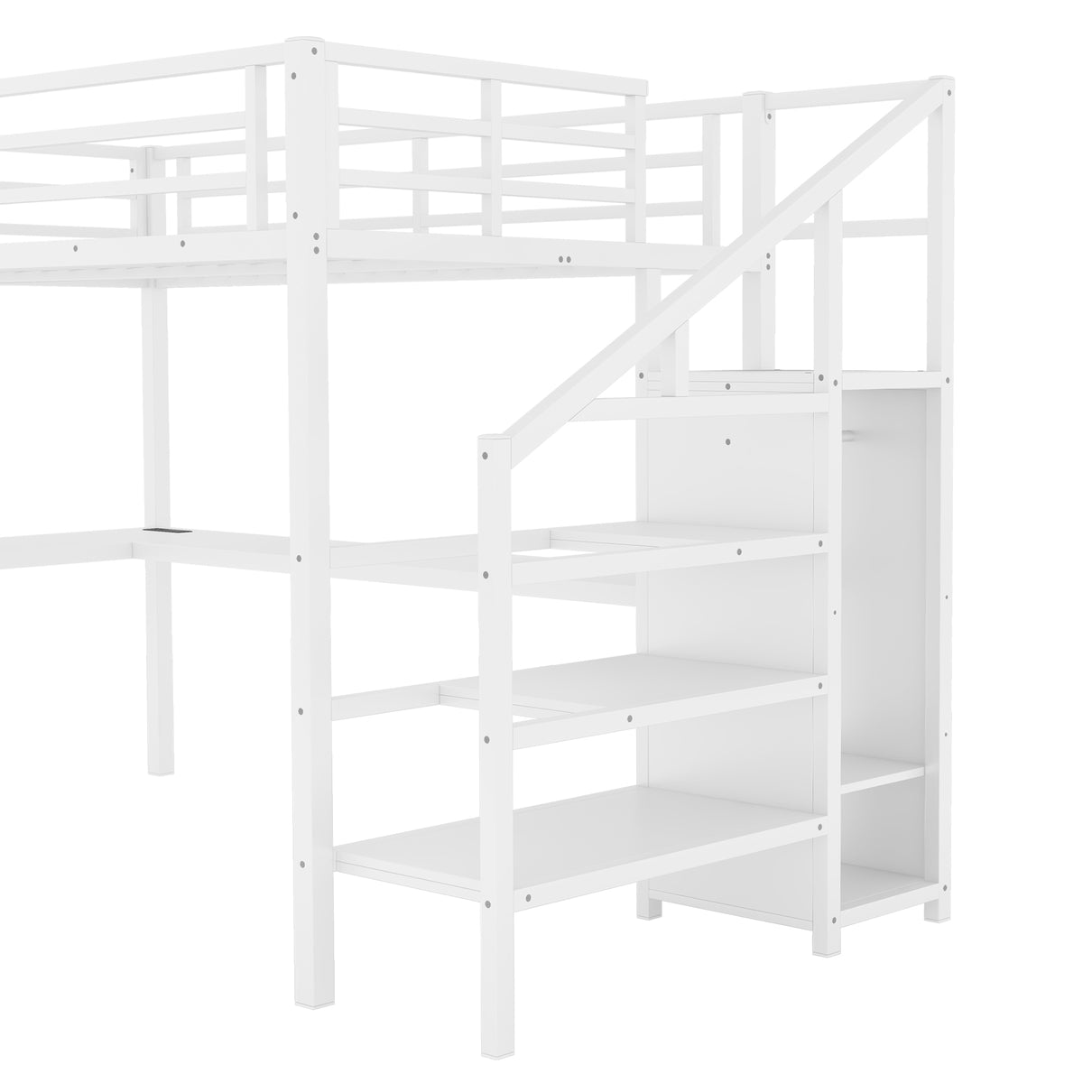 Ailinor white loft bed showing wardrobe and storage stairs detail