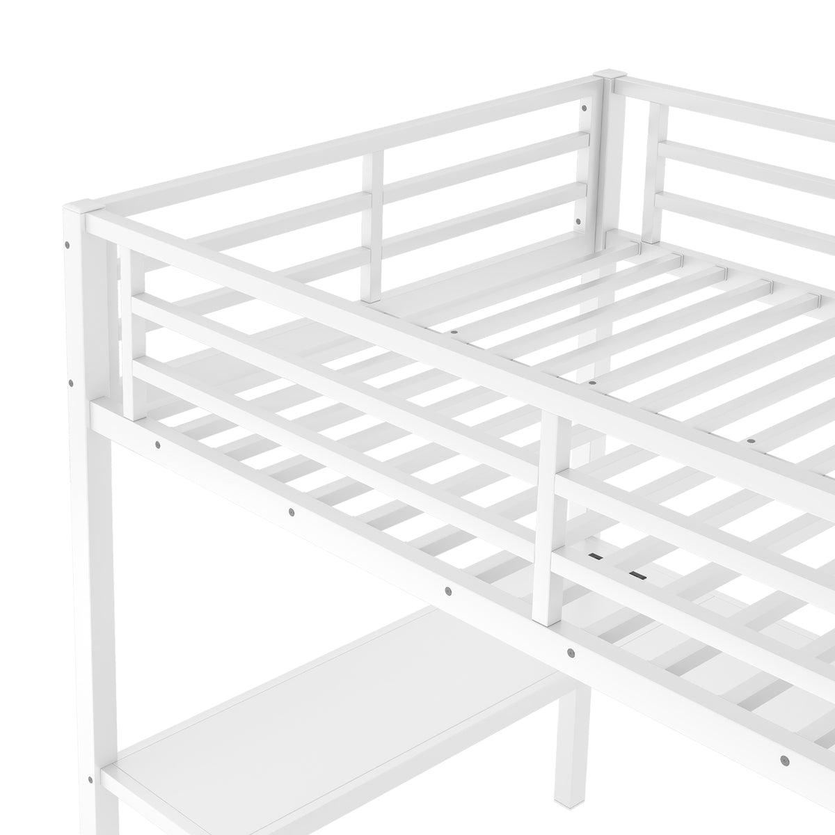 Ailinor white loft bed showing metal slat support detail