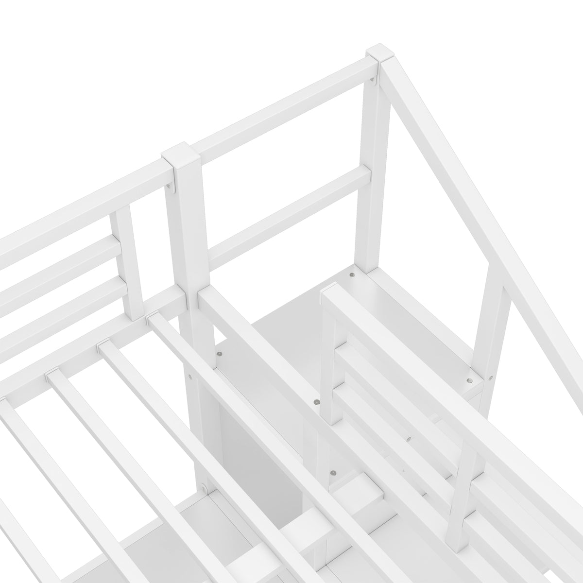 Ailinor white loft bed showing metal slat and guardrail detail