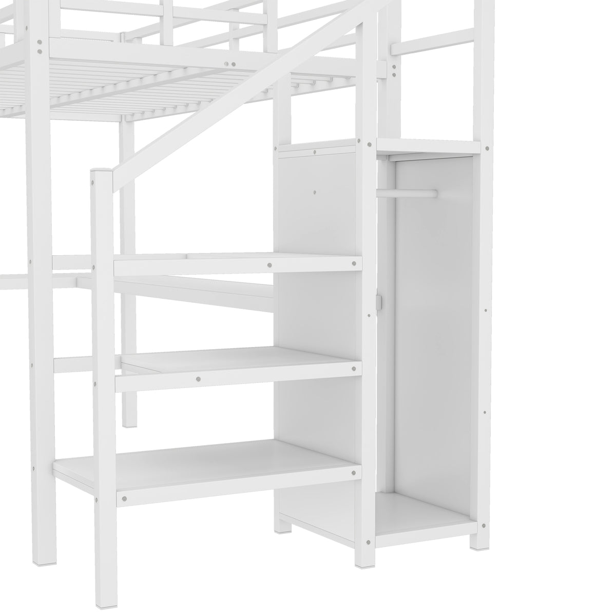 Ailinor white loft bed showing storage stairs and wardrobe detail