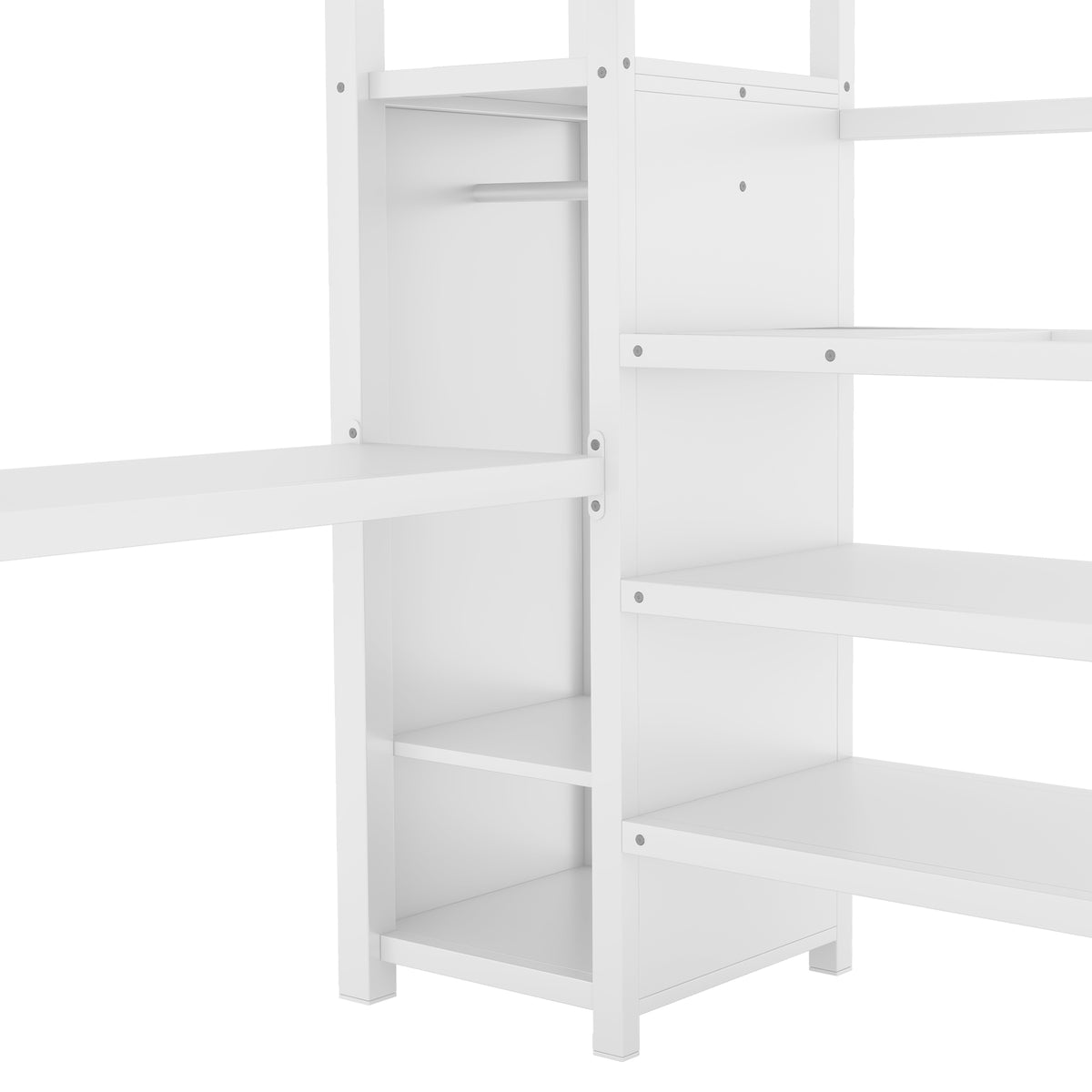 Ailinor white loft bed showing wardrobe and storage shelves detail