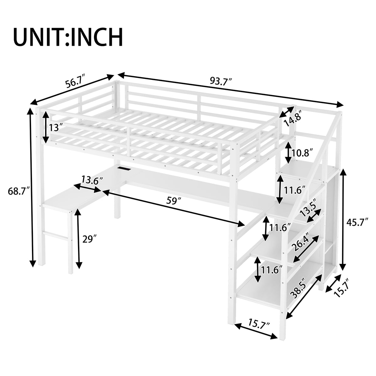Ailinor white loft bed showing dimensions