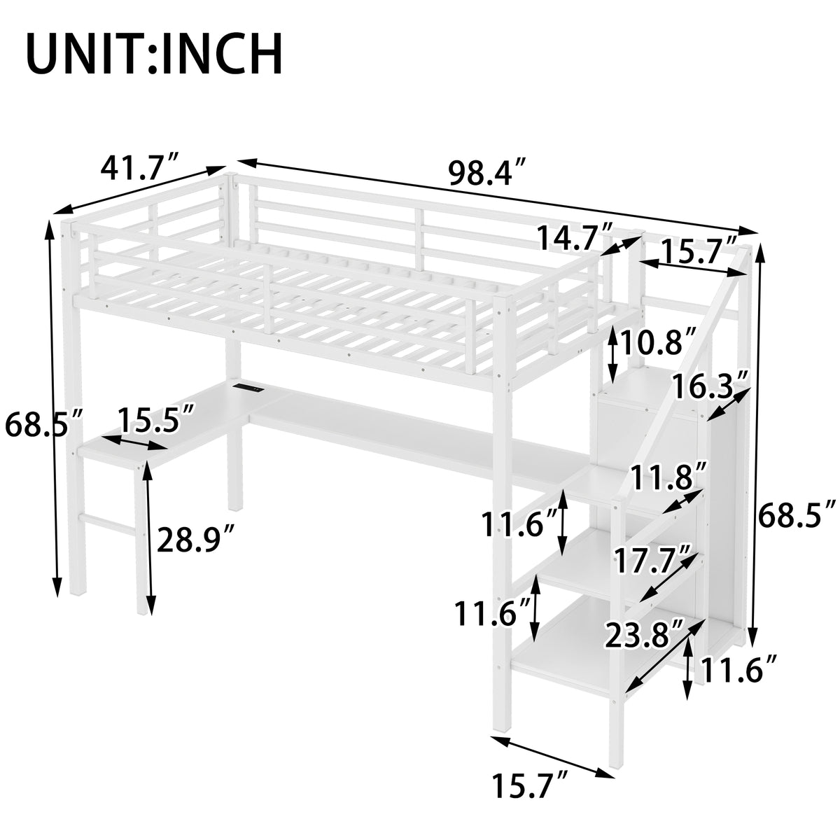 Ailinor white loft bed showing dimensions