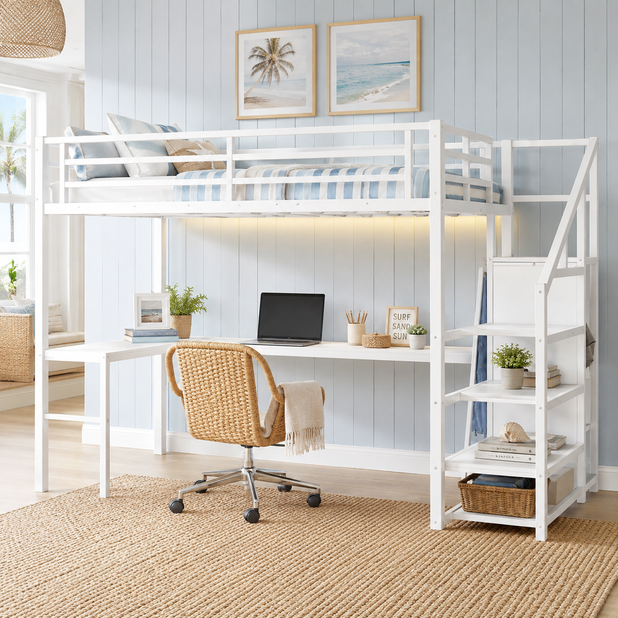 Ailinor white full size metal loft bed with L-shaped desk in a bright bedroom workspace