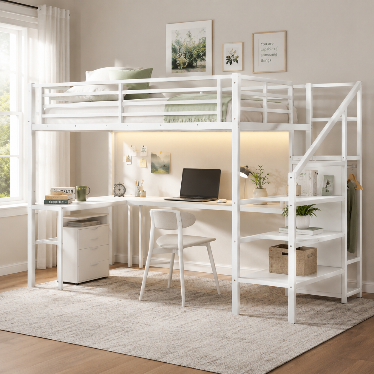 Ailinor white loft bed showing a twin xl loft bed with L-shaped desk and storage stairs in a bright bedroom