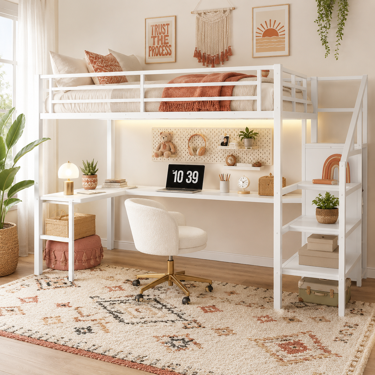 Ailinor white full size metal loft bed with desk and shelves in a sunlit kids room