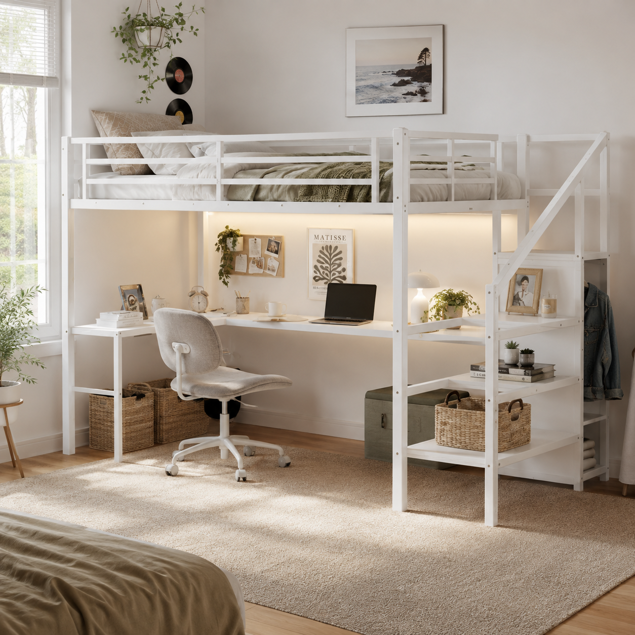 Ailinor white loft bed showing a full room setup with built-in desk wardrobe and storage stairs