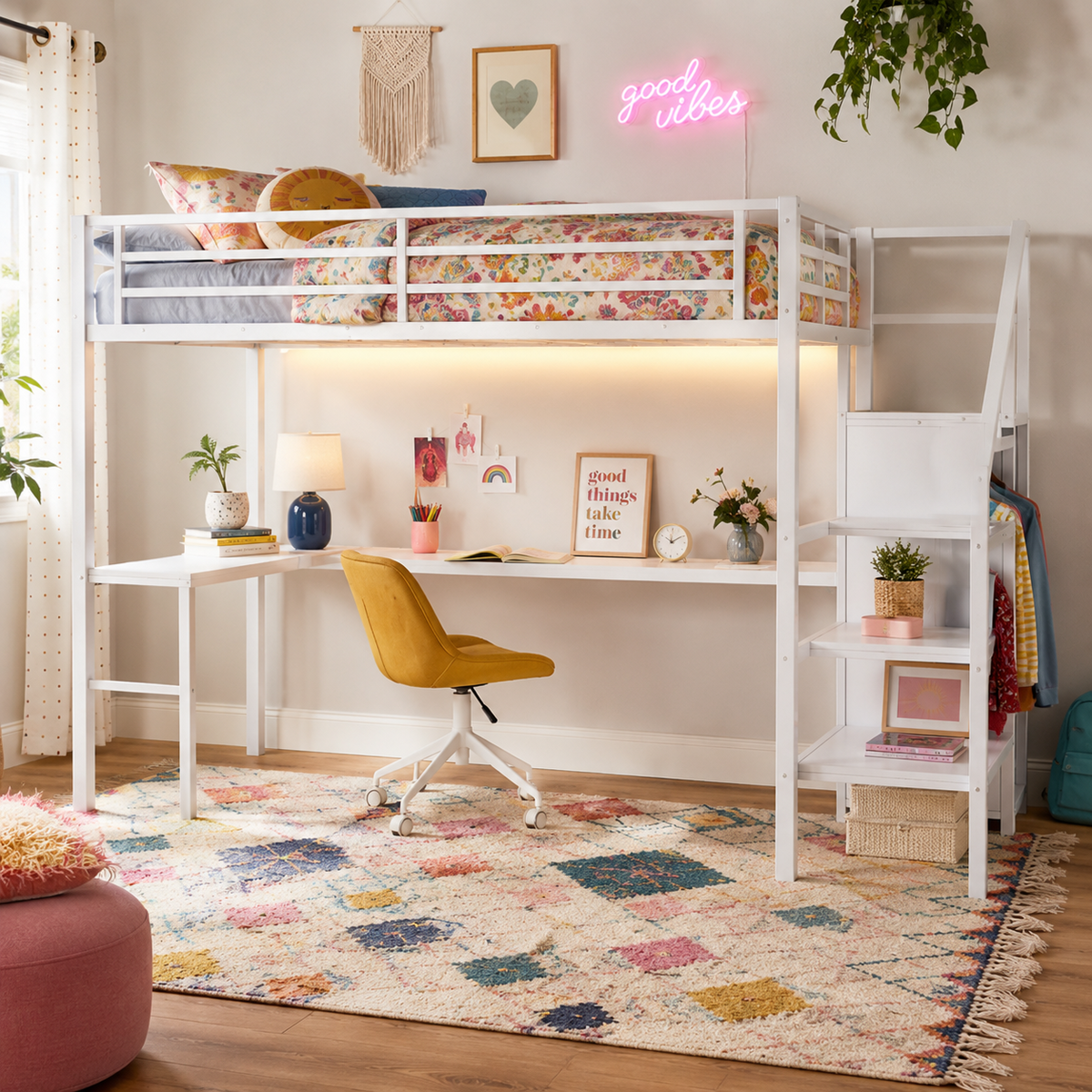Ailinor white full size metal loft bed with wardrobe and colorful rug in a cheerful bedroom