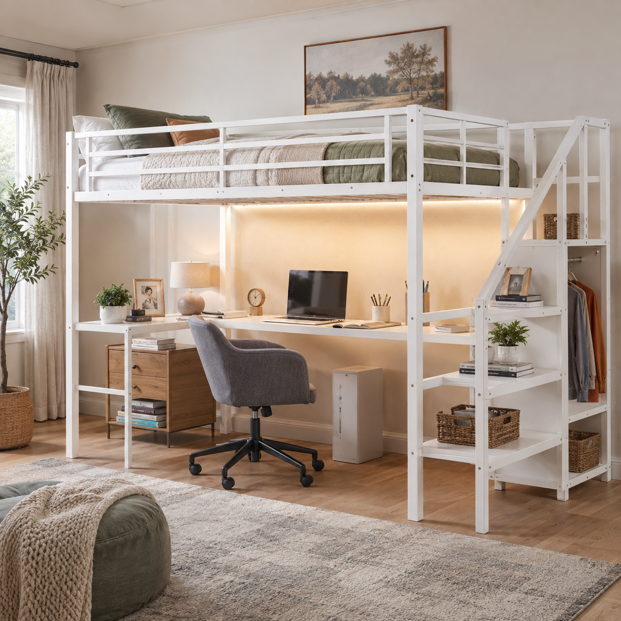 Ailinor white loft bed showing a loft bed with underbed workspace and wardrobe in a bright room