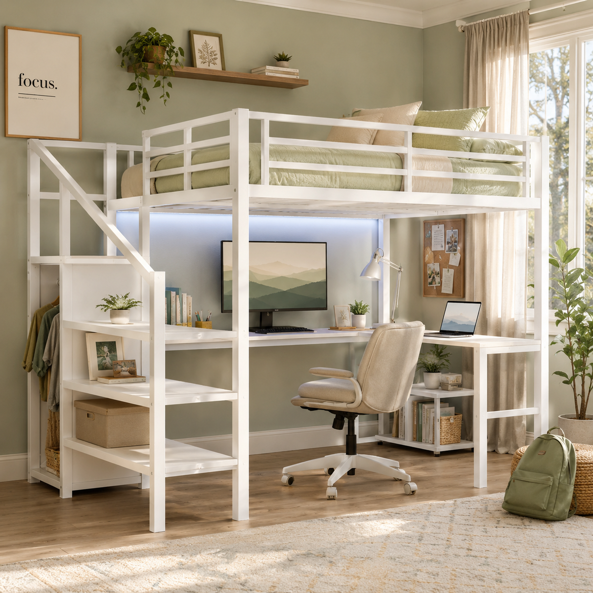 Ailinor white full size metal loft bed with storage stairs in a cozy room with a desk chair