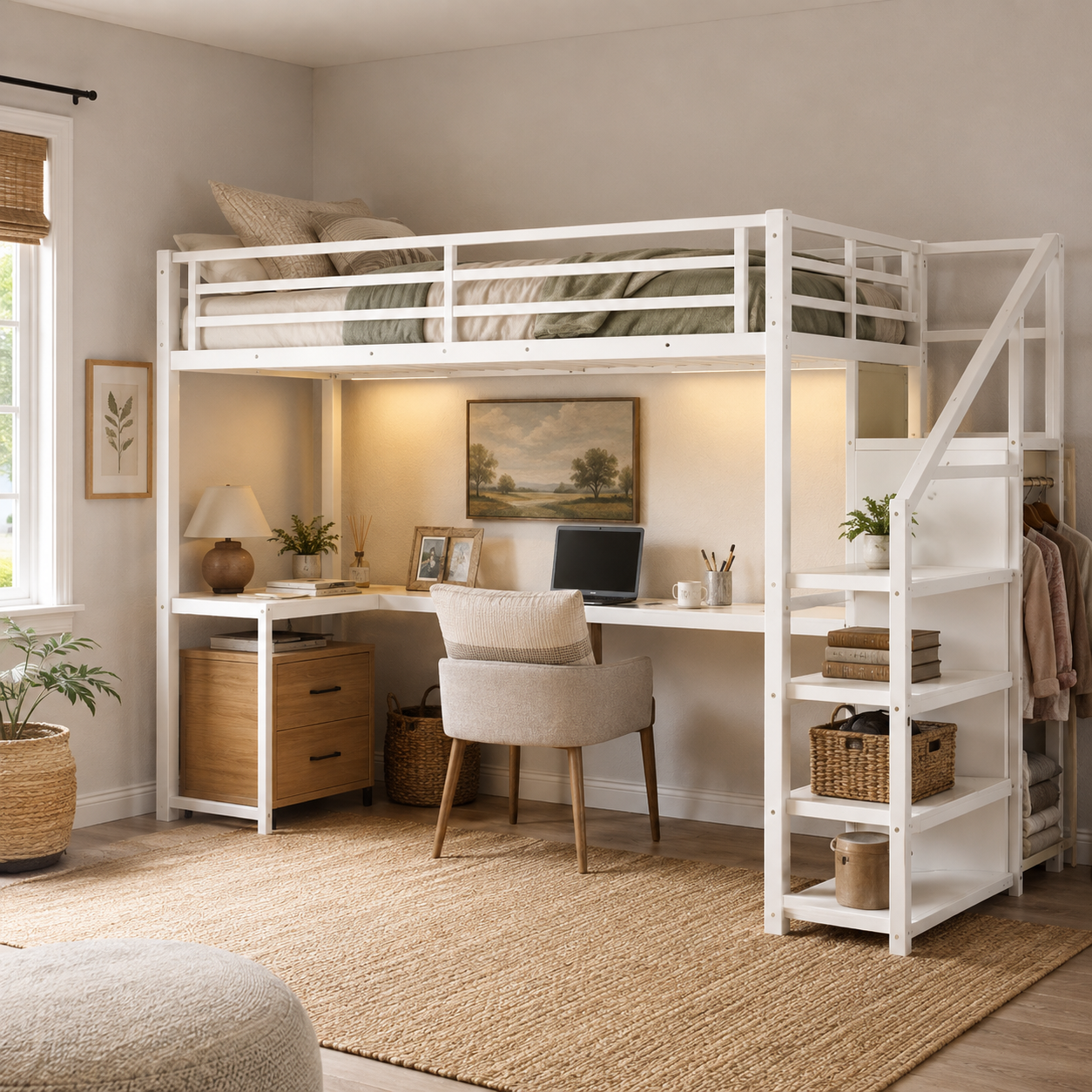 Ailinor white loft bed showing a study and storage setup beneath the sleeping area
