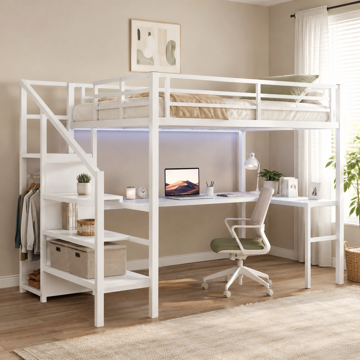 Ailinor white full size metal loft bed with desk and open shelving in a bright bedroom