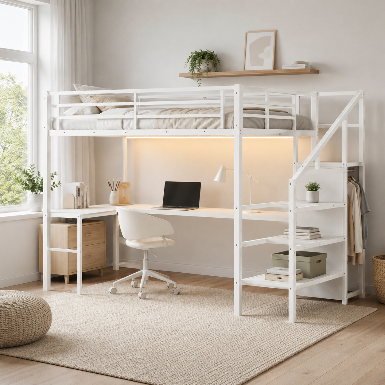 Ailinor white loft bed showing a bedroom scene with L-shaped desk wardrobe and storage stairs