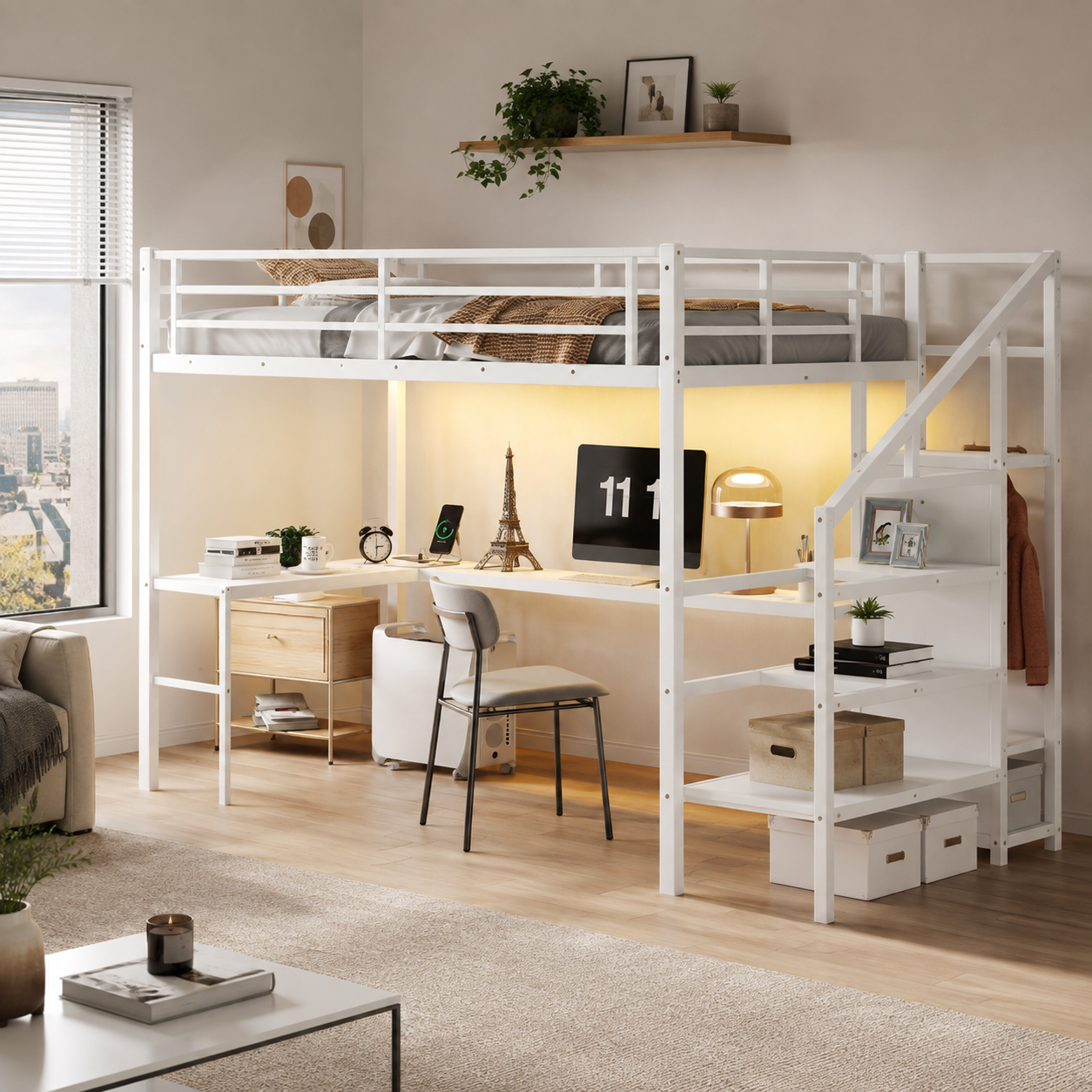 Ailinor white loft bed showing a bright interior scene with loft bed desk and shelving
