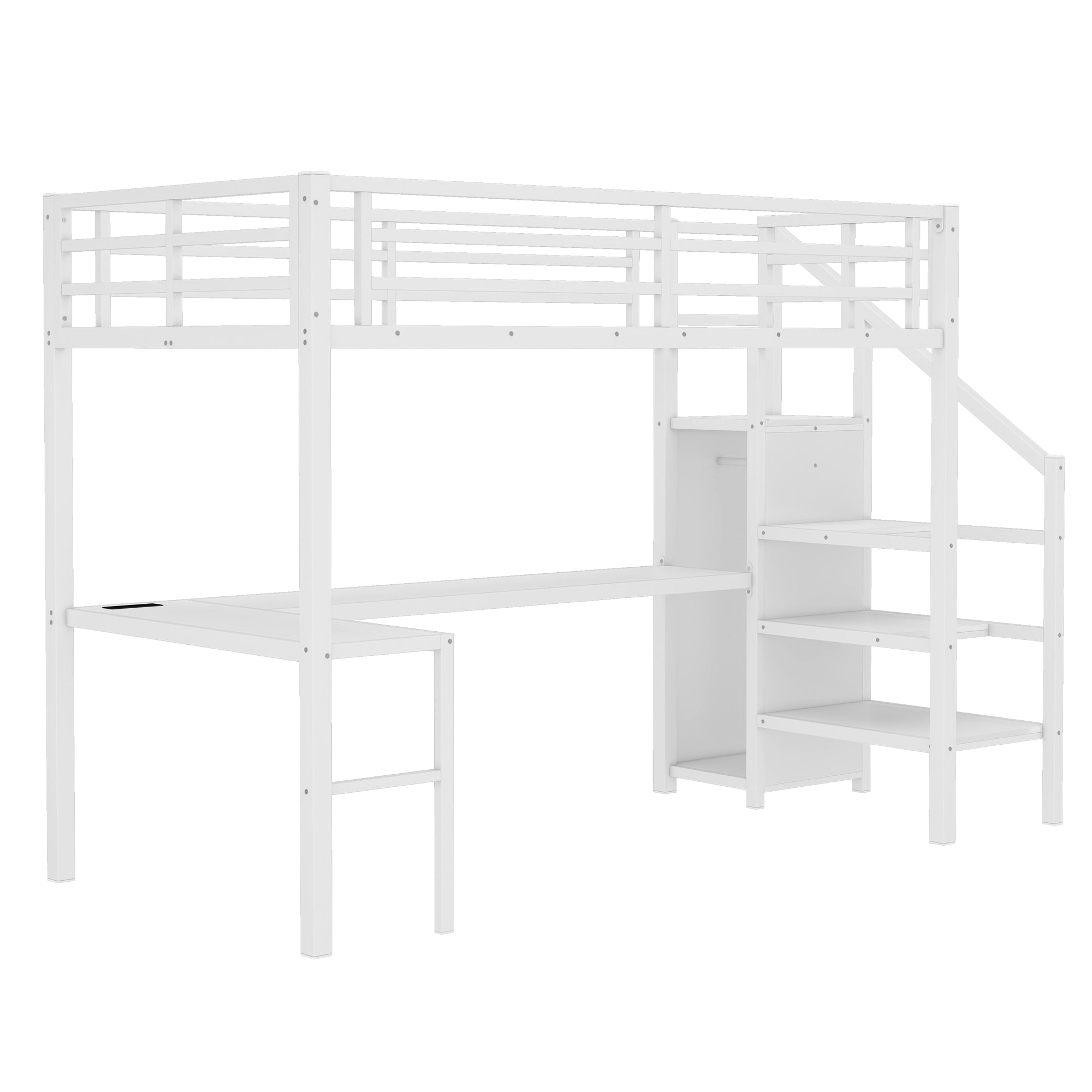 Ailinor white loft bed showing an angled front view with L-shaped desk wardrobe and storage stairs