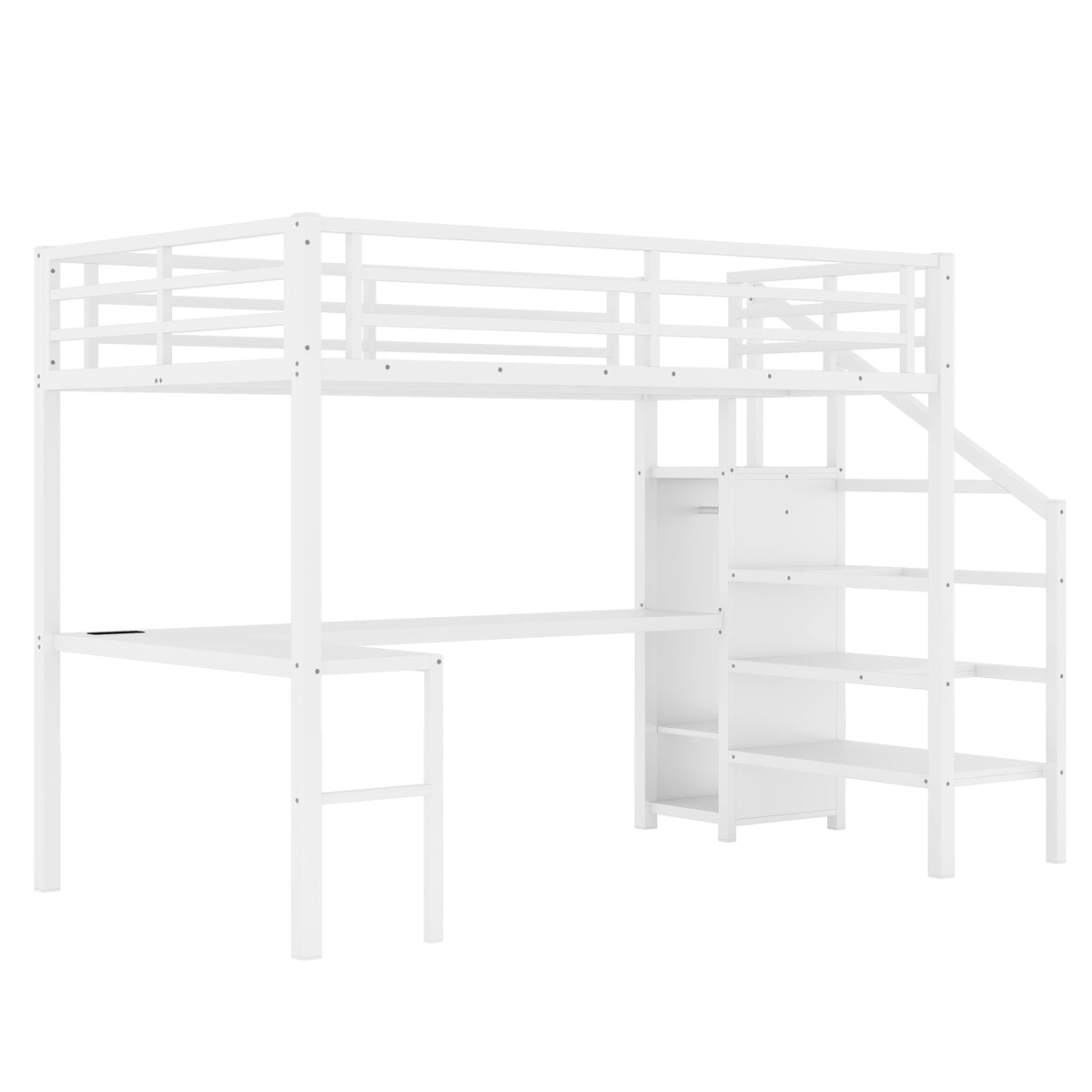 Ailinor white full size metal loft bed  front angled view on white background