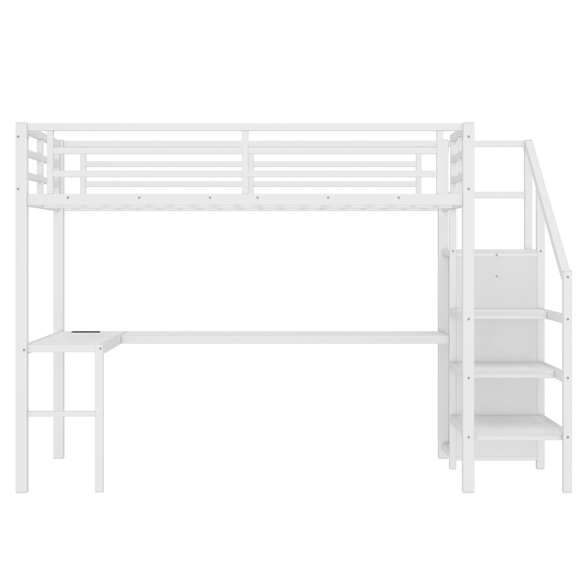 Ailinor white loft bed showing a side view with desk wardrobe and storage stairs