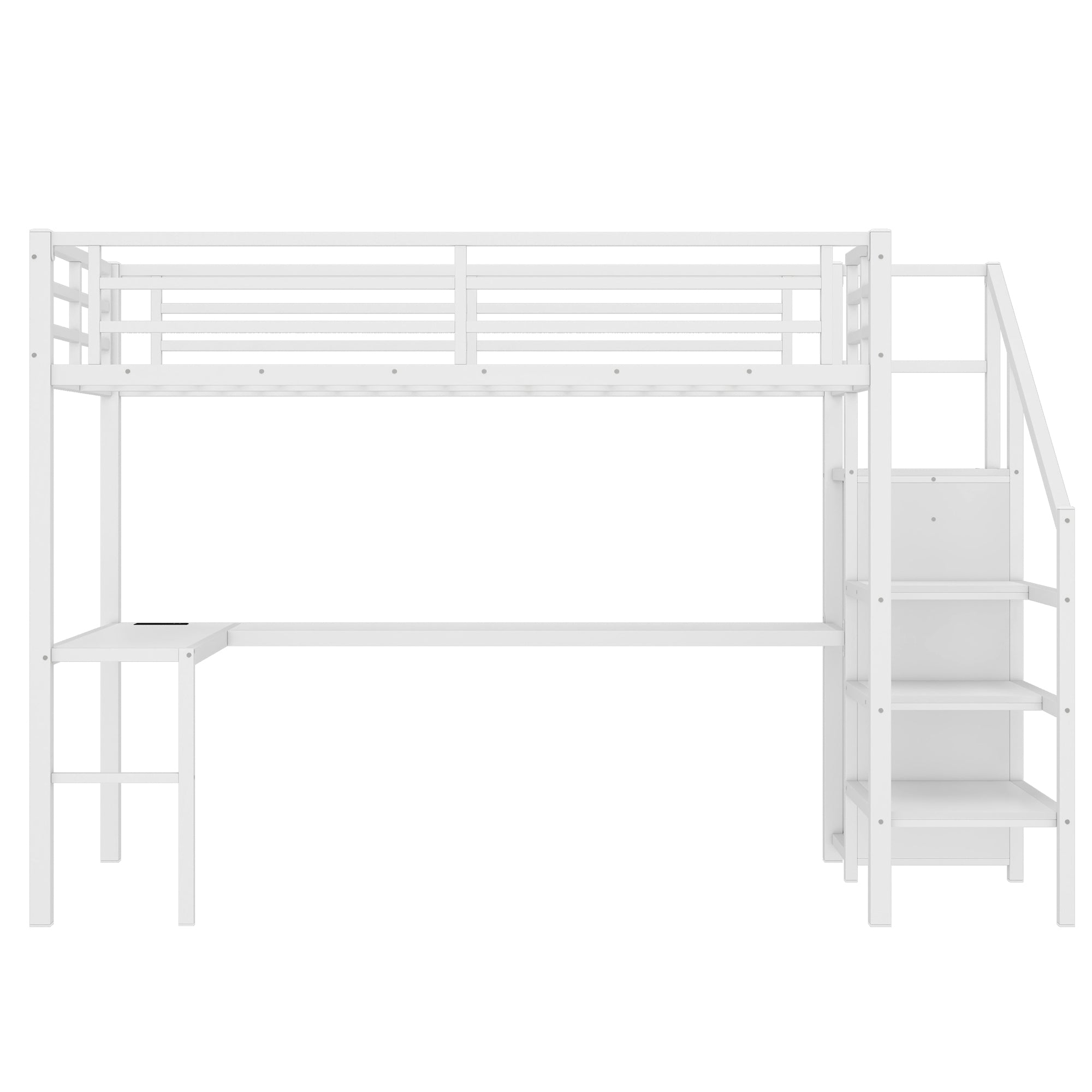 Ailinor white loft bed showing a side view with desk wardrobe and storage stairs