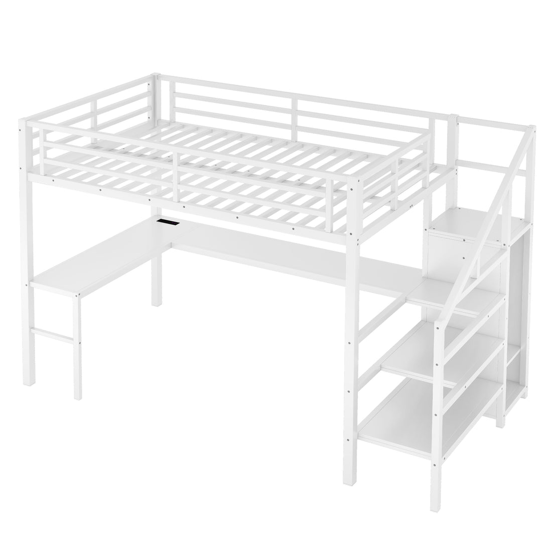 Ailinor white full size metal loft bed  front angled view on white background