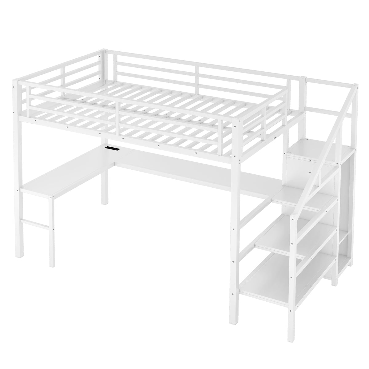 Ailinor white full size metal loft bed  front angled view on white background