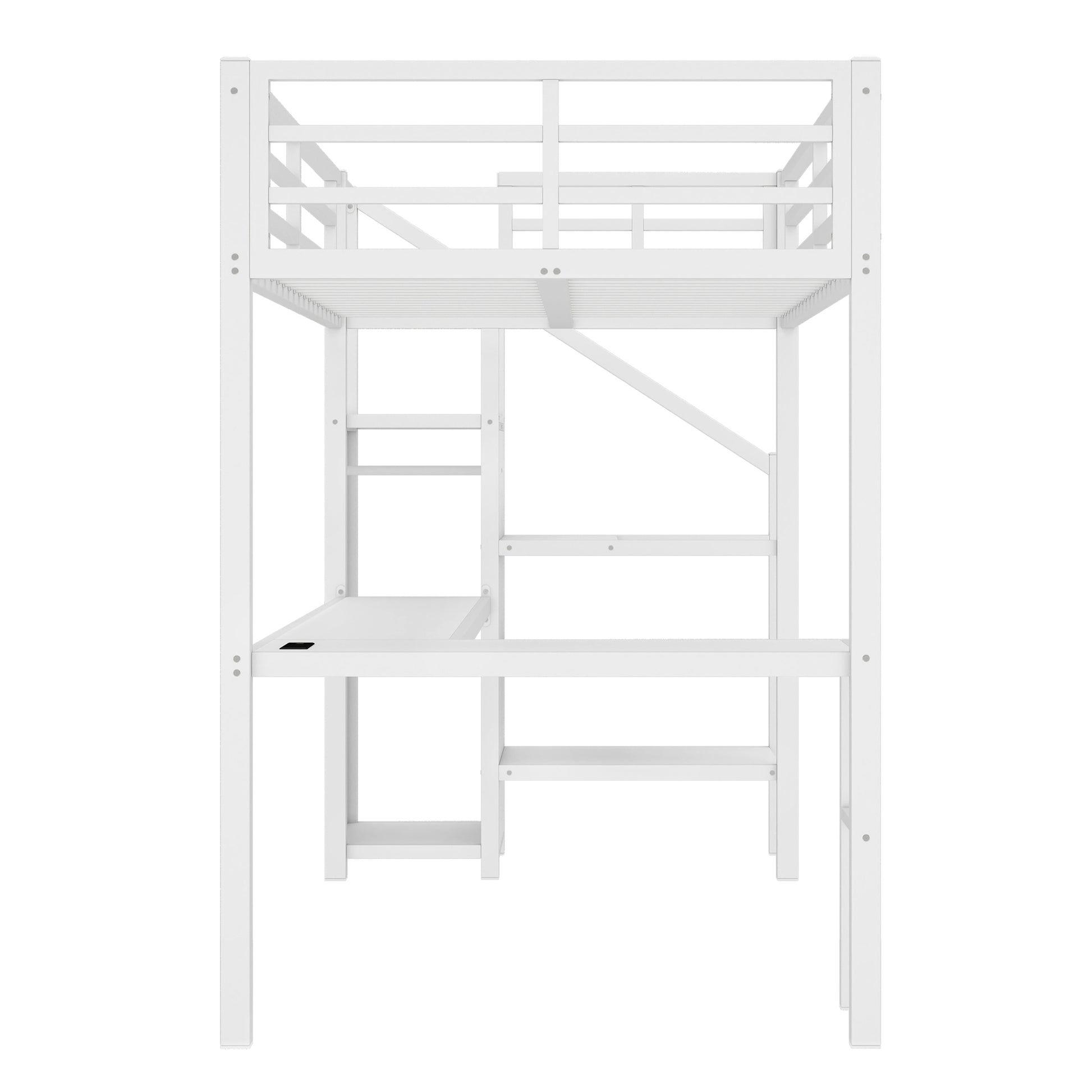 Ailinor white loft bed showing a front view with loft frame desk and staircase storage
