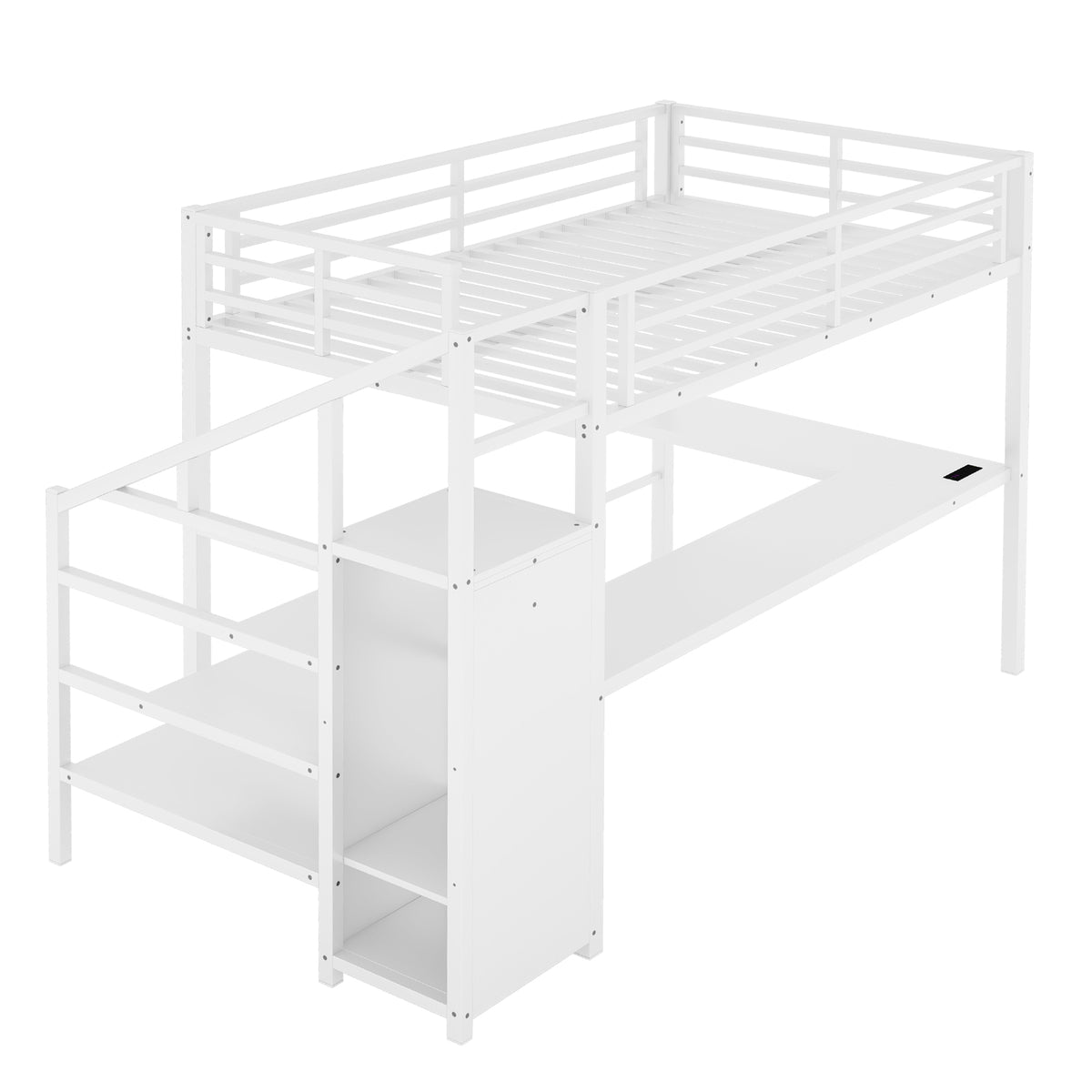 Ailinor white full size metal loft bed side view with staircase on white background