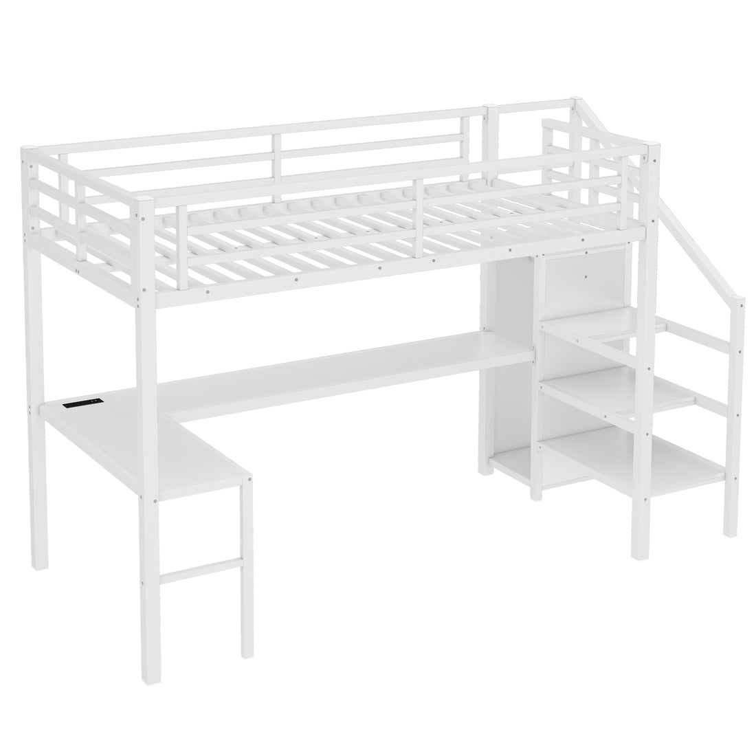 Ailinor white loft bed showing an angled side view with built-in wardrobe and desk