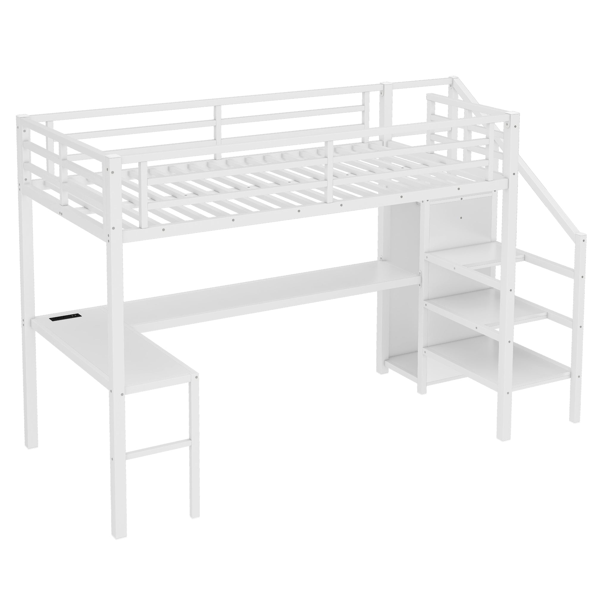 Ailinor white loft bed showing an angled side view with built-in wardrobe and desk