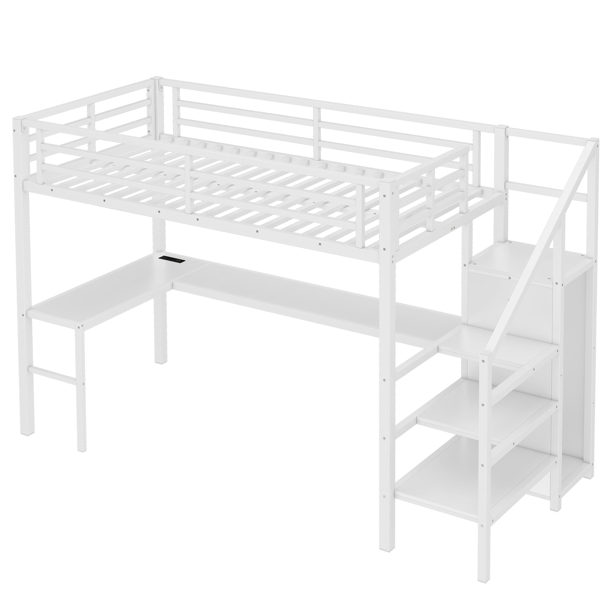 Ailinor white loft bed showing a rear angled view with wardrobe and storage stairs