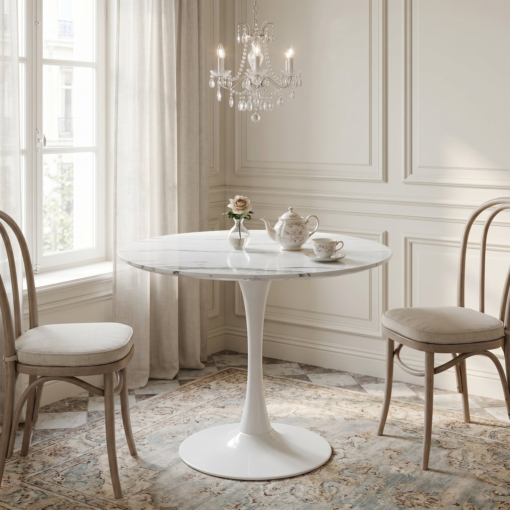 Alpine white dining table showing a marble-look tabletop in an elegant dining space