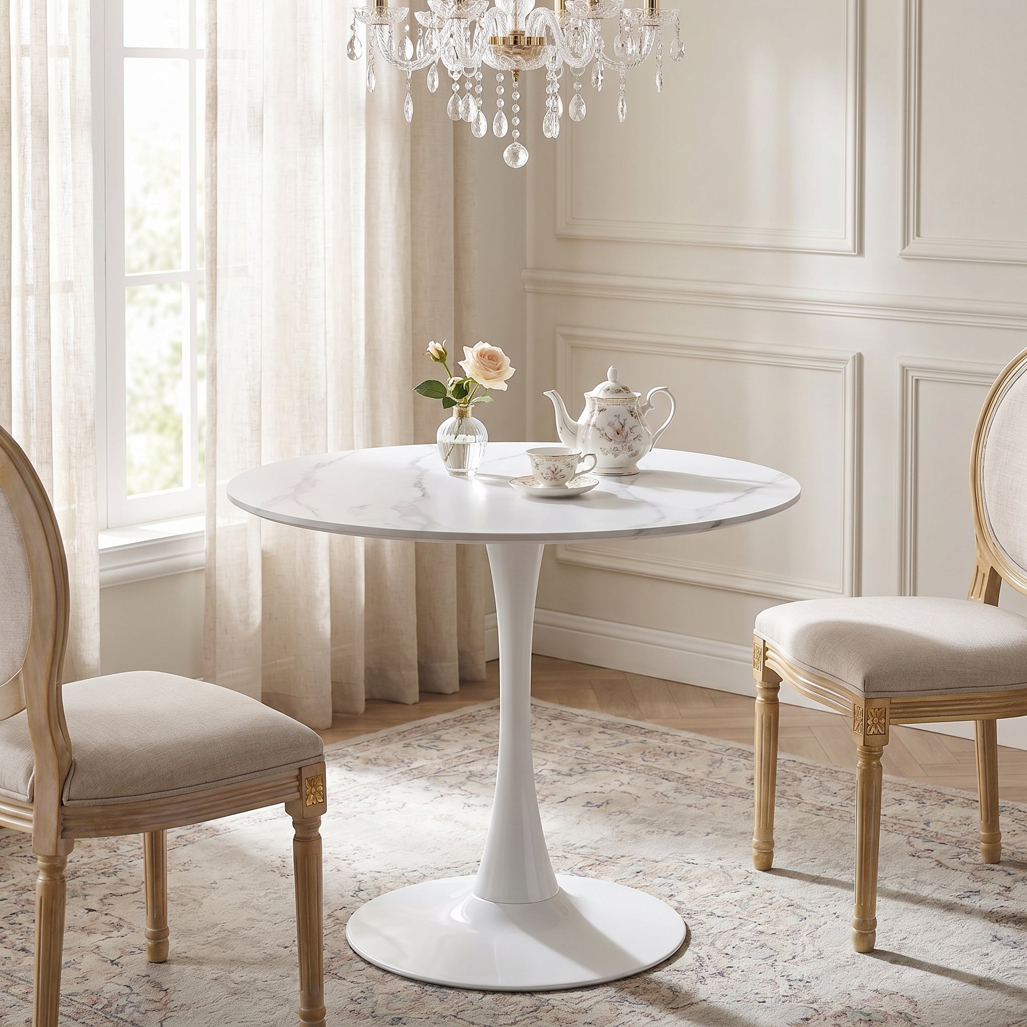 Alpine white dining table showing a compact dining setup with upholstered chairs