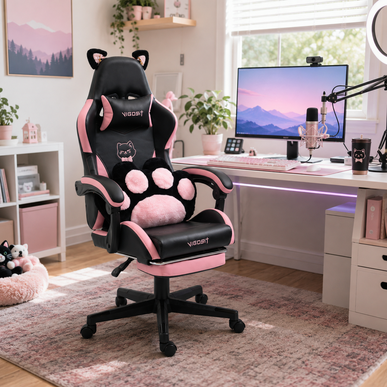 Altair black cat ear reclining gaming chair with paw lumbar cushion in a modern gaming room