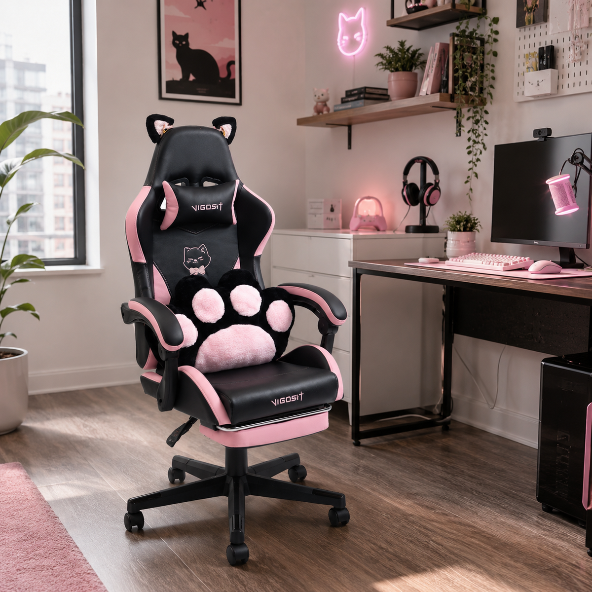 Altair black gaming chair with cat ears beside a desk in a cozy gaming setup