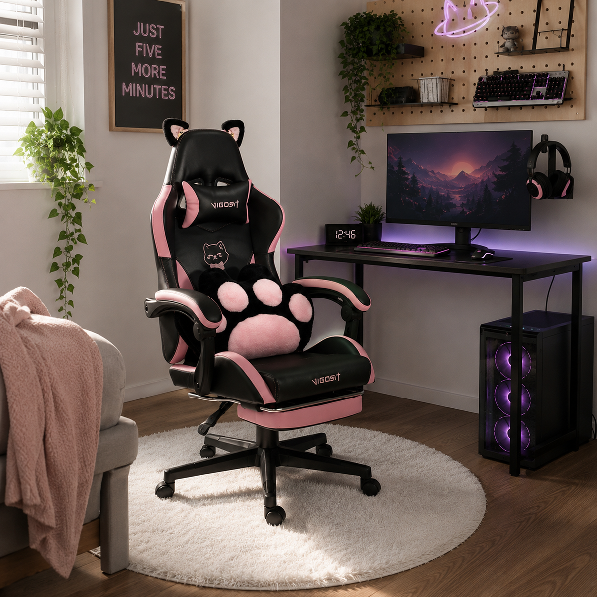 Altair black reclining gaming chair with retractable footrest in a bedroom gaming workspace