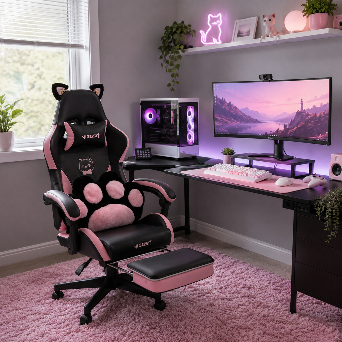 Altair black gaming chair with paw lumbar cushion in a room with pink and purple LED lighting