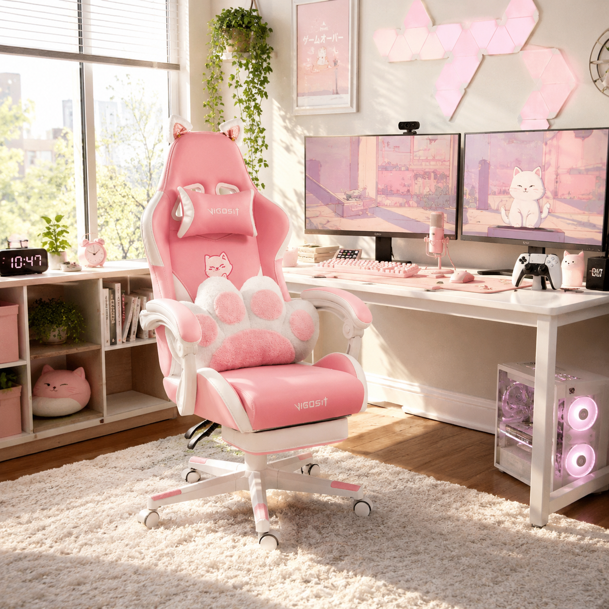 Altair pink cat ear reclining gaming chair with paw lumbar cushion in a bright pastel gaming room