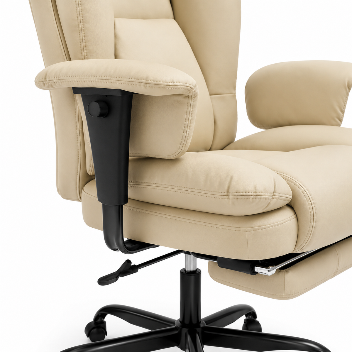 Alvik beige office chair showing reclining mechanism and armrest detail