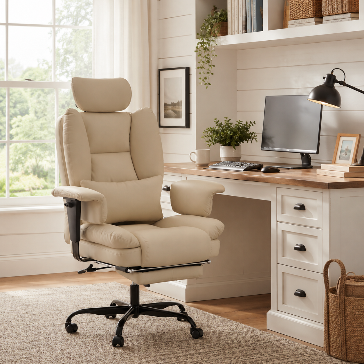Alvik beige office chair showing an ergonomic workstation setup beside a desk and large window
