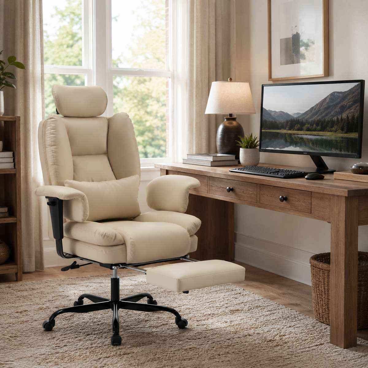 Alvik beige office chair showing an ergonomic workstation beside a desk in a bright living space
