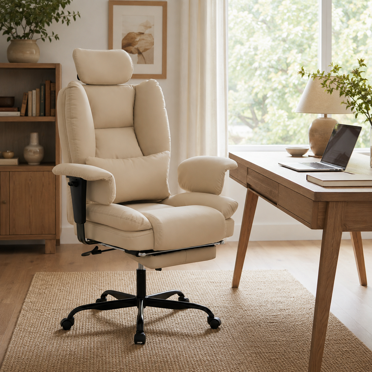 Alvik beige office chair showing a home office setup with a desk, shelving and large window