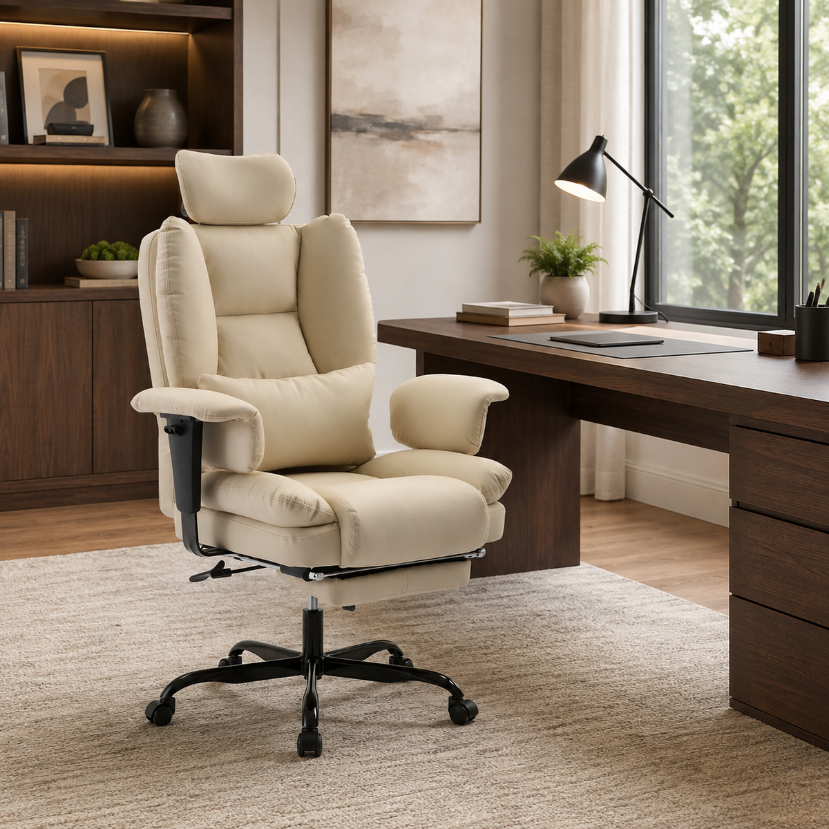 Alvik beige office chair showing an ergonomic workspace beside a wood desk and tall window