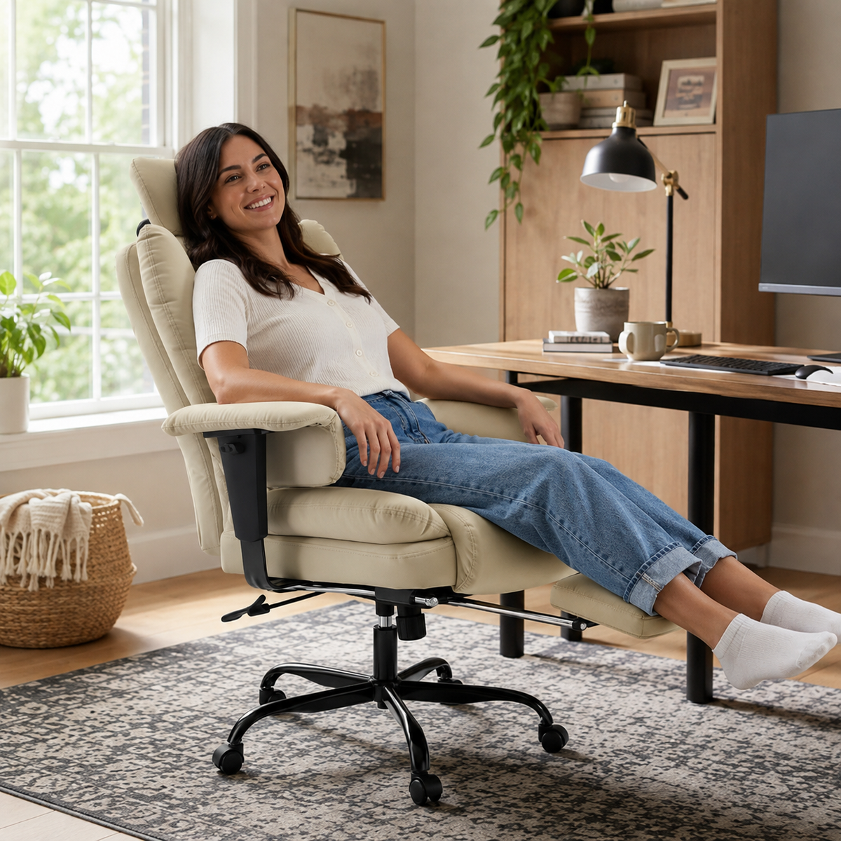 Alvik beige office chair showing a woman reclining with the footrest extended in a bright room