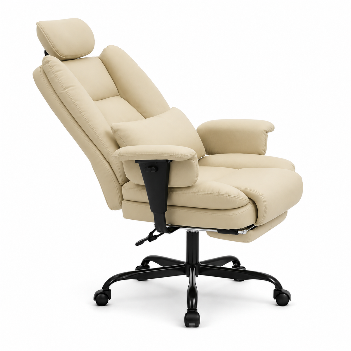 Alvik beige office chair showing a reclined side view with the padded footrest extended