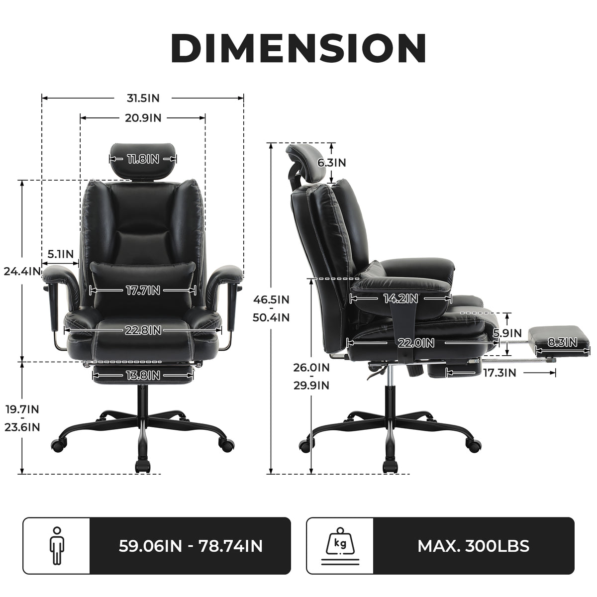 Alvik black office chair showing dimensions