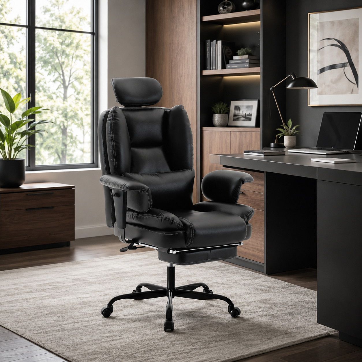 Alvik black office chair showing an ergonomic workspace with a desk and shelving in a modern home office