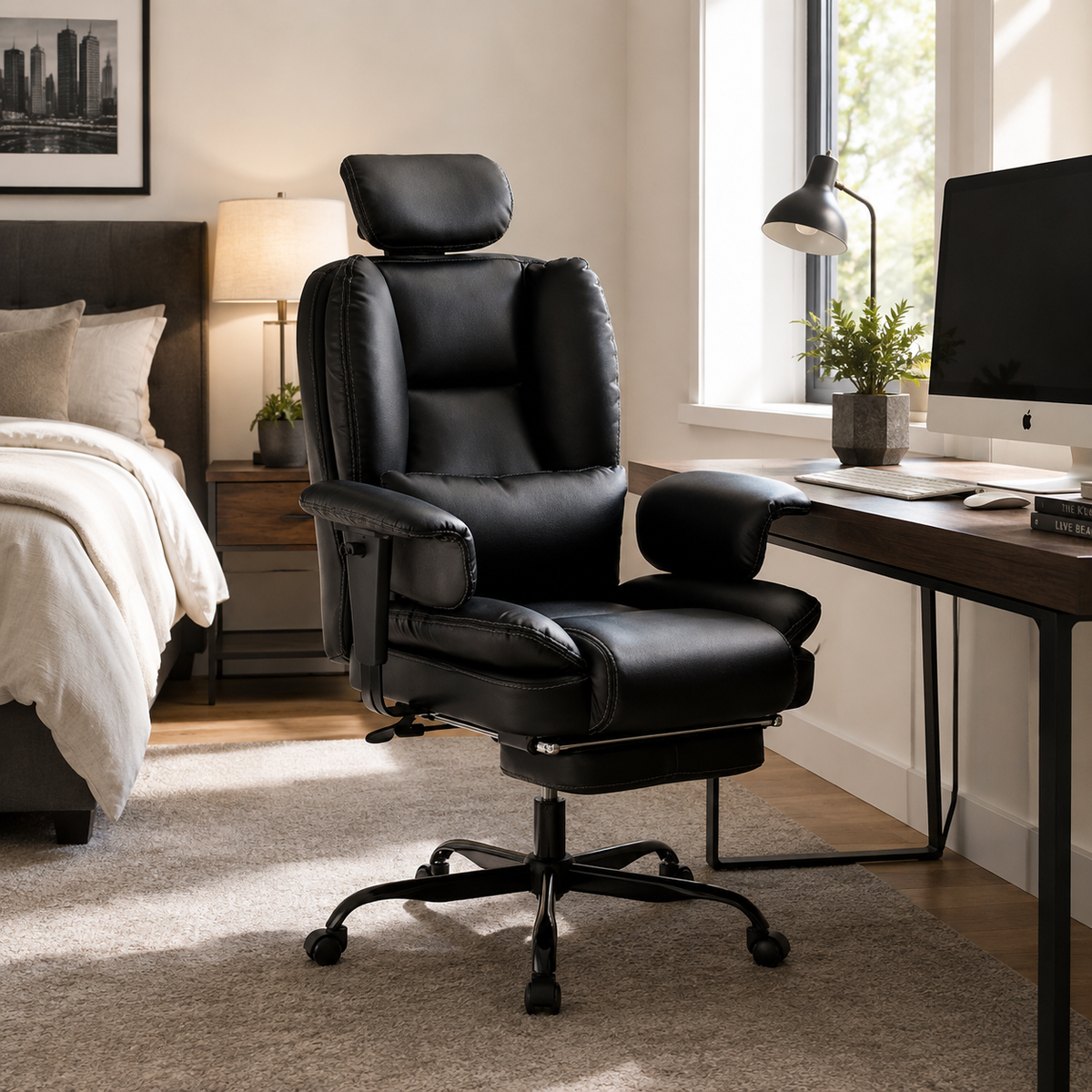 Alvik black office chair showing adjustable seating beside a desk in a bright bedroom workspace